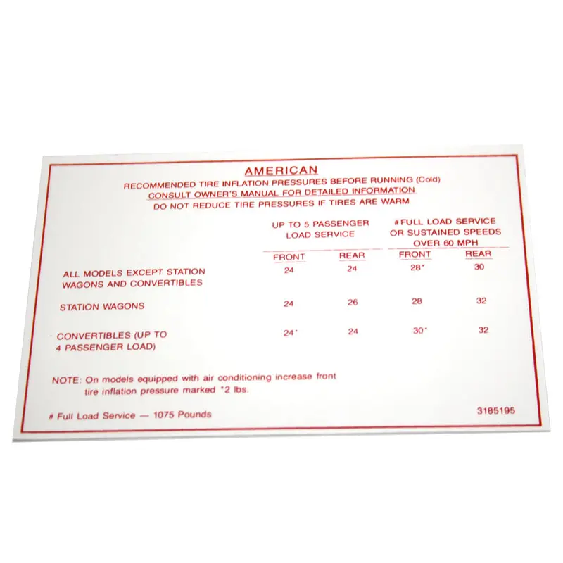 Tire Pressure Decal 3185195, 1966 Rambler American 1