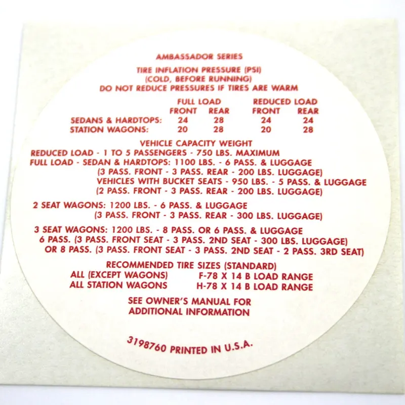 Tire Pressure Decal, 3198760, 1967-70 Amc, Rambler Ambassador, Rebel 1