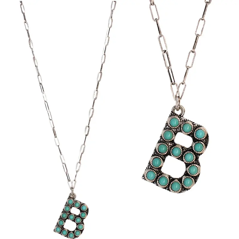 Turquoise Stone Initial "B" Pendant & Link Chain Necklace 1