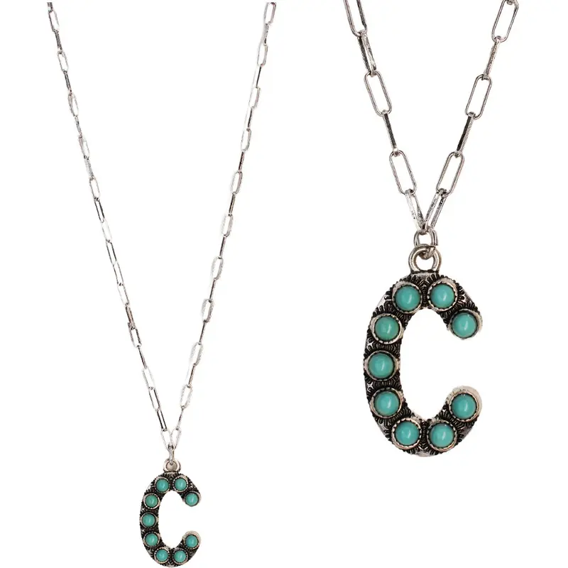 Turquoise Stone Initial "C" Pendant & Link Chain Necklace 1