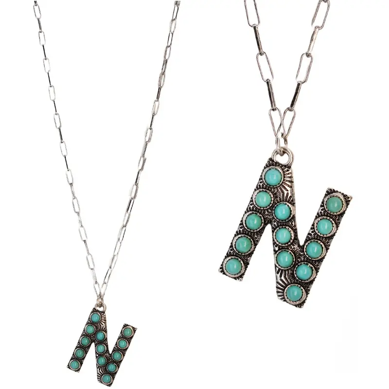 Turquoise Stone Initial "N" Pendant & Chain Link Necklace 1