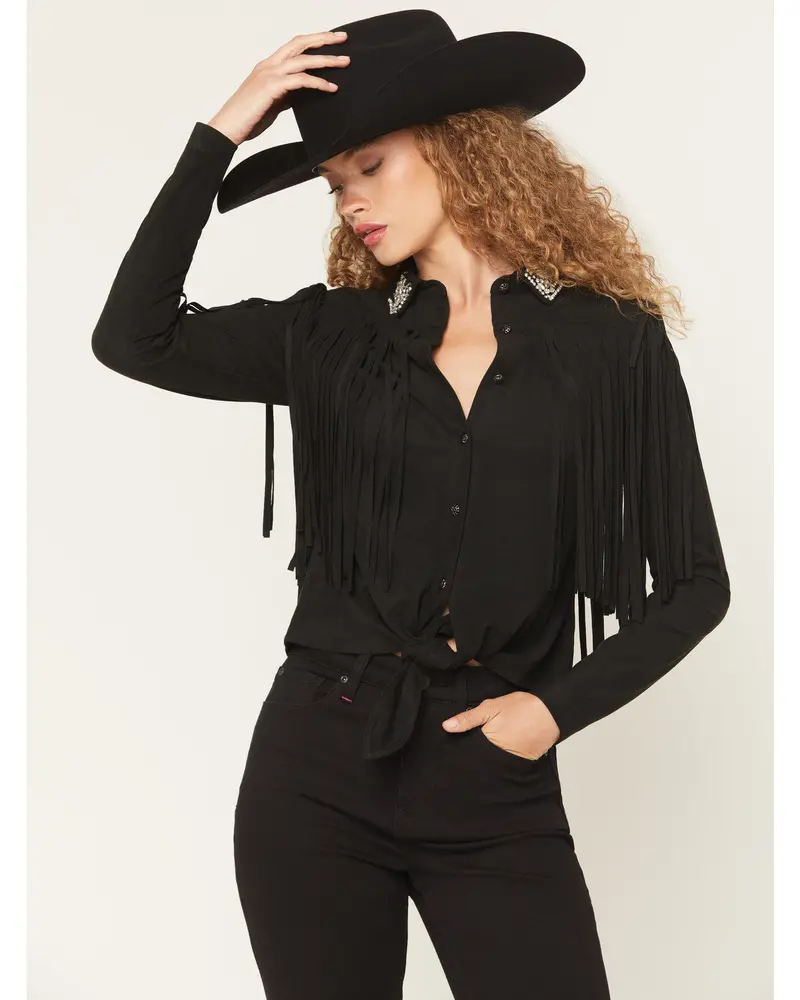 Twinpines Faux Suede Fringe Embellished Long Sleeve Button-Down Western Shirt 1