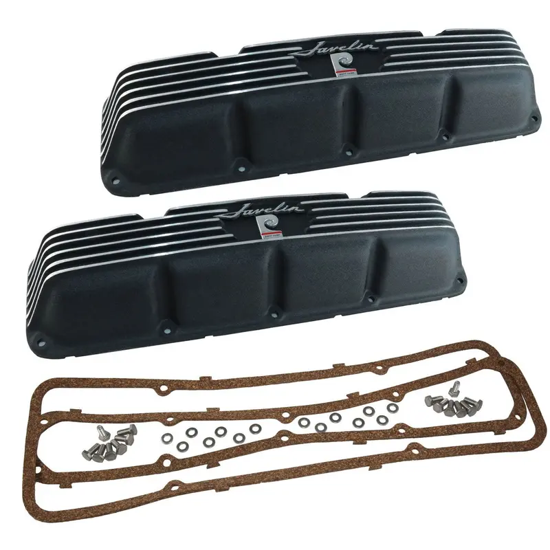 Valve Cover Kit, Pierre Cardin & Javelin Logo, Finned Black Wrinkle Aluminum, 1972-73 Amc Javelin, Javelin Amx - Allow Approximately 2-3 Weeks For Manufacturing Plus Shipping 1