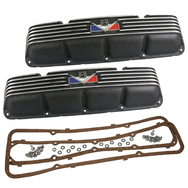 Valve Cover Kit, Red/White/Blue V-8 Logo, Finned Black Wrinkle Aluminum, 1966-91 Amc, Jeep - Allow Approximately 2-3 Weeks For Manufacturing Plus Shipping 1
