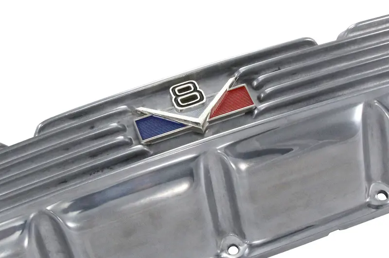 Valve Cover Kit, Red/White/Blue V-8 Logo, Finned Polished Aluminum, 1966-91 Amc, Jeep - Allow Approximately 3-4 Weeks For Manufacturing Plus Shipping 1