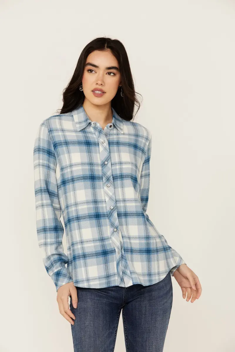 Viola Featherlight Blue Plaid Print Pearl Snap Western Shirt 1
