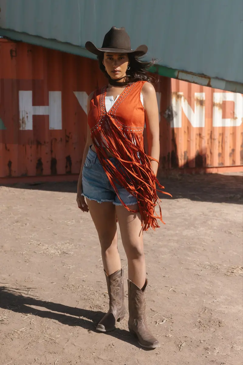 Walnut Studded Faux Suede Fringe Vest 1
