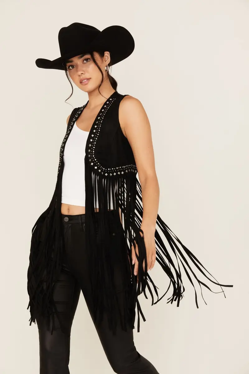 Walnut Studded Fringe Faux Suede Vest 1