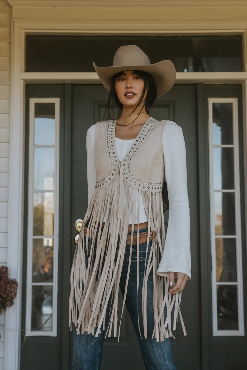 Walnut Studded Fringe Faux Suede Vest 1