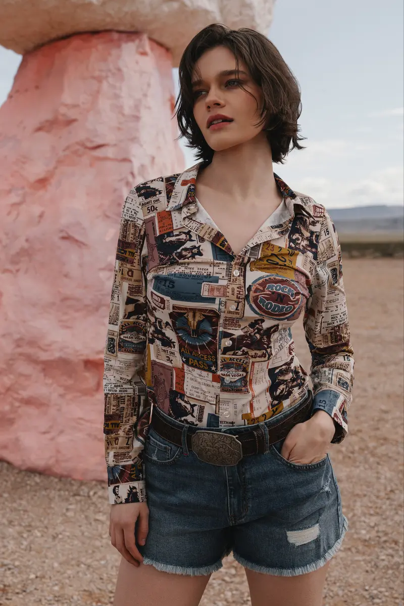 Western Postcard Print Long Sleeve Stretch Riding Shirt 1