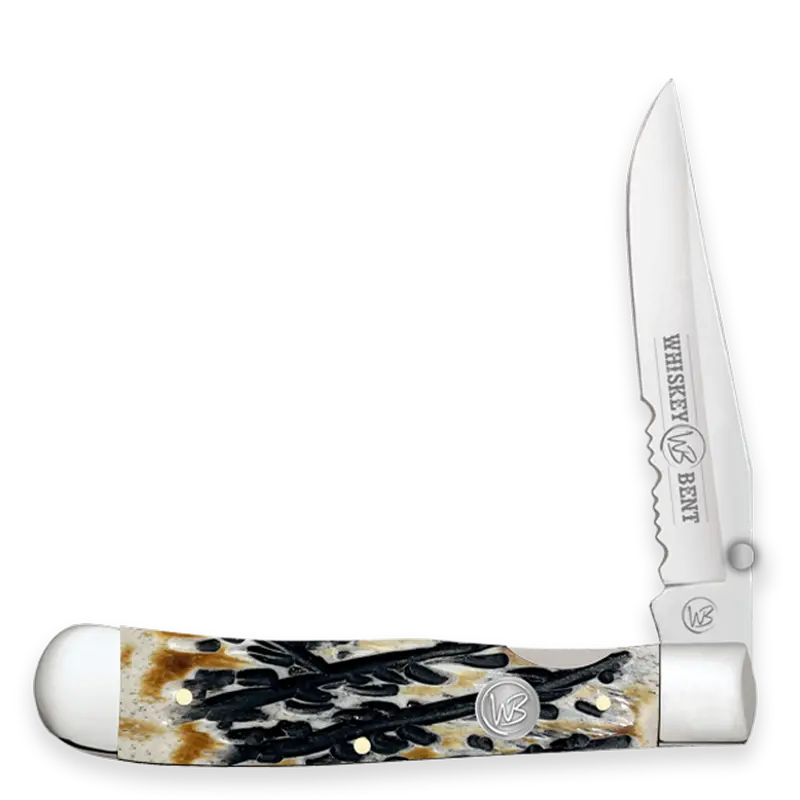 Whiskey Ranch Carved Burnt Bone Trapper Lock Knife - Wb16-16 1
