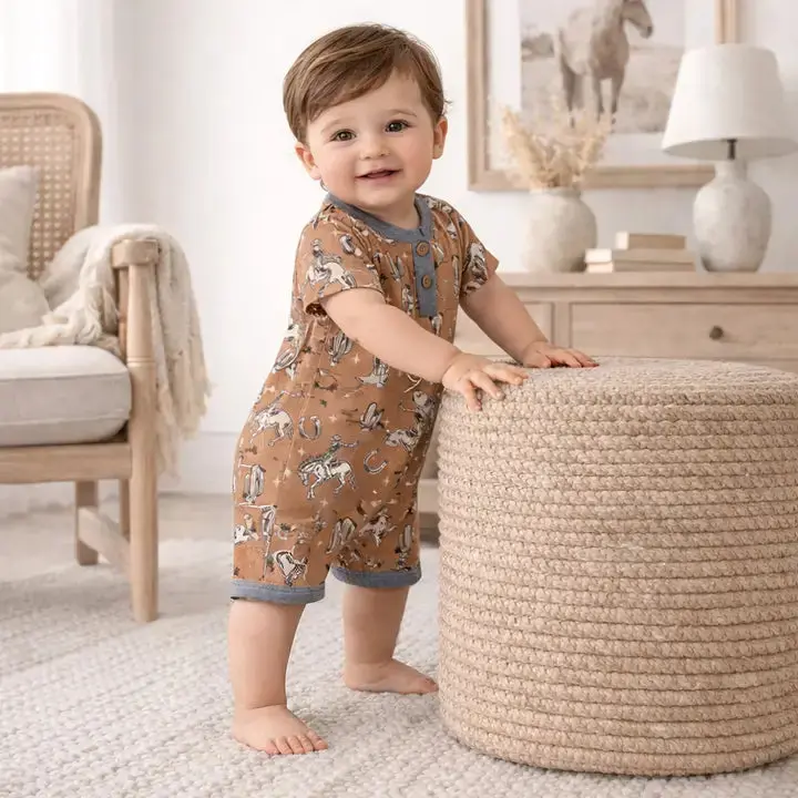 Wild Wrangler/Brown Western Bamboo Shorty Romper 1