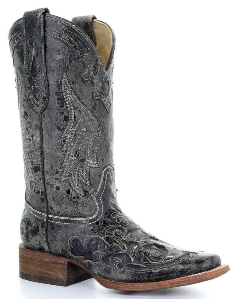 Women's Corral Distress Black With Black Snake Inlays Square Toe Boots - A2402 Mo 1