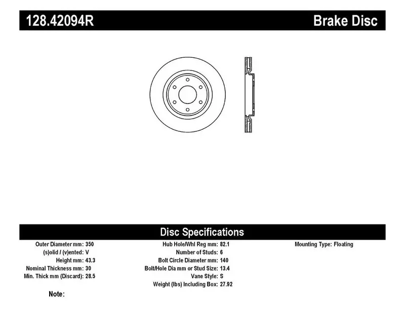 Stoptech 128.42094R Sport Series Cross-Drilled Brake Rotor – Front Right 1